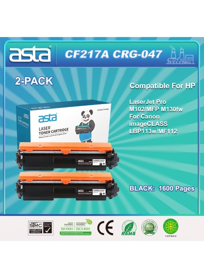 Asta 2-PACK ASTA CF217A CRG047 Universal Black Toner Cartridge Compatible For HP Canon LaserJet Pro M102 MFP M130Fw ImageCLASS LBP113W MF112  Printer CRG 047 CRG-047 Long Lasting Output Fast Simple Installation Wide Range Applications - Image 1