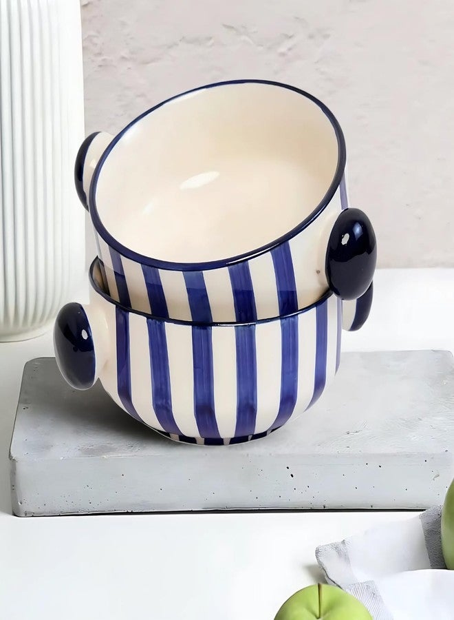 Freakway 'Blue Strip' Ceramic Bowls Set of 2 Pieces - 360 ML Each for Serving Snacks, Salads, Soups, Dal, Fruits & Pasta | BPA & Lead-Free | Microwave & Dishwasher Safe Soup Bowl - Blue - Image 1