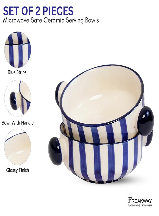 Freakway 'Blue Strip' Ceramic Bowls Set of 2 Pieces - 360 ML Each for Serving Snacks, Salads, Soups, Dal, Fruits & Pasta | BPA & Lead-Free | Microwave & Dishwasher Safe Soup Bowl - Blue - Image 3