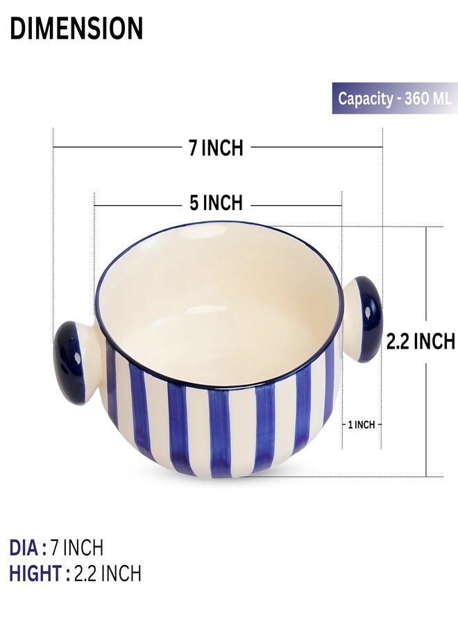 Freakway 'Blue Strip' Ceramic Bowls Set of 2 Pieces - 360 ML Each for Serving Snacks, Salads, Soups, Dal, Fruits & Pasta | BPA & Lead-Free | Microwave & Dishwasher Safe Soup Bowl - Blue - Image 2