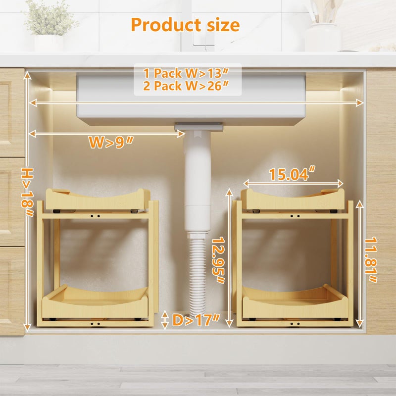 Wisuce Essentials Bamboo Under Sink Organizer Adjustable Height 2 Tier Bathroom Organizer Pull Out Cabinet Storage Kitchen Heave Duty Wood Slide Ou Shelf for Kitchen Bathroom (Black, 2 Packs) (Nature, 2 Packs) - Image 2