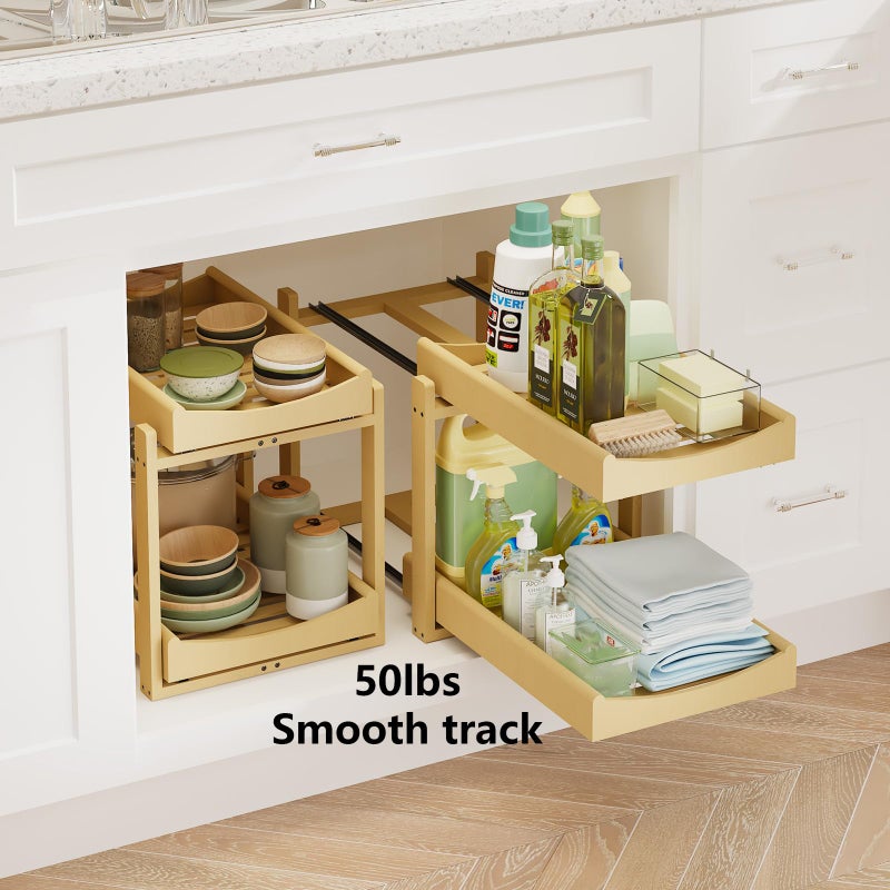 Wisuce Essentials Bamboo Under Sink Organizer Adjustable Height 2 Tier Bathroom Organizer Pull Out Cabinet Storage Kitchen Heave Duty Wood Slide Ou Shelf for Kitchen Bathroom (Black, 2 Packs) (Nature, 2 Packs) - Image 3