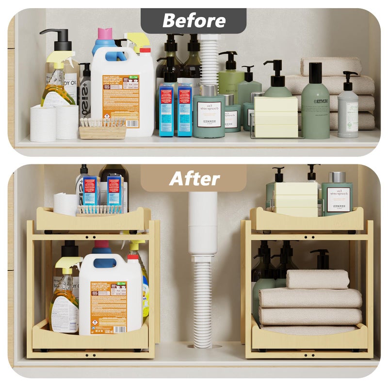 Wisuce Essentials Bamboo Under Sink Organizer Adjustable Height 2 Tier Bathroom Organizer Pull Out Cabinet Storage Kitchen Heave Duty Wood Slide Ou Shelf for Kitchen Bathroom (Black, 2 Packs) (Nature, 2 Packs) - Image 4