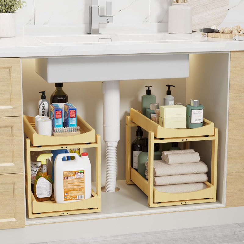 Wisuce Essentials Bamboo Under Sink Organizer Adjustable Height 2 Tier Bathroom Organizer Pull Out Cabinet Storage Kitchen Heave Duty Wood Slide Ou Shelf for Kitchen Bathroom (Black, 2 Packs) (Nature, 2 Packs) - Image 1