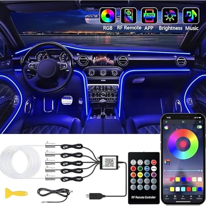 Exrp Interior Car Led Strip Lights With Wireless App And Remote Control Rgb 5 In 1 Ambient Lighting Kits With 6M Fiber Optic 16 Million Colors Car Neon Lights Sync To Music - Image 1