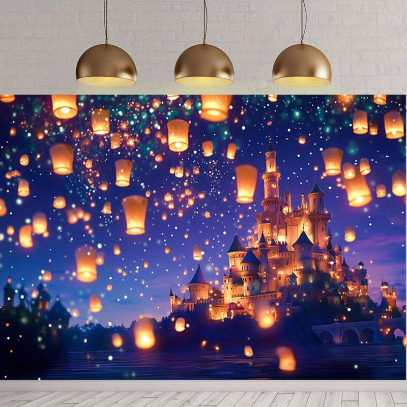 A 130X150cm Enchanted Night Castle Backdrop With Floating Lanterns Glowing Tale Princess Castle Birthday Party Decor Wedding Diwali New Year Magical Photo Background Durable - Image 3