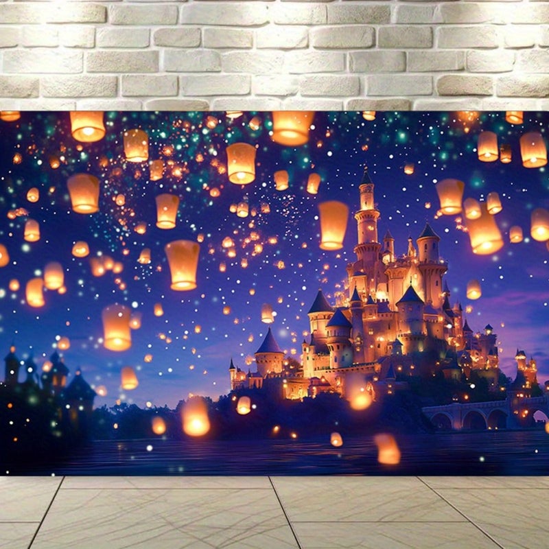 A 130X150cm Enchanted Night Castle Backdrop With Floating Lanterns Glowing Tale Princess Castle Birthday Party Decor Wedding Diwali New Year Magical Photo Background Durable - Image 1