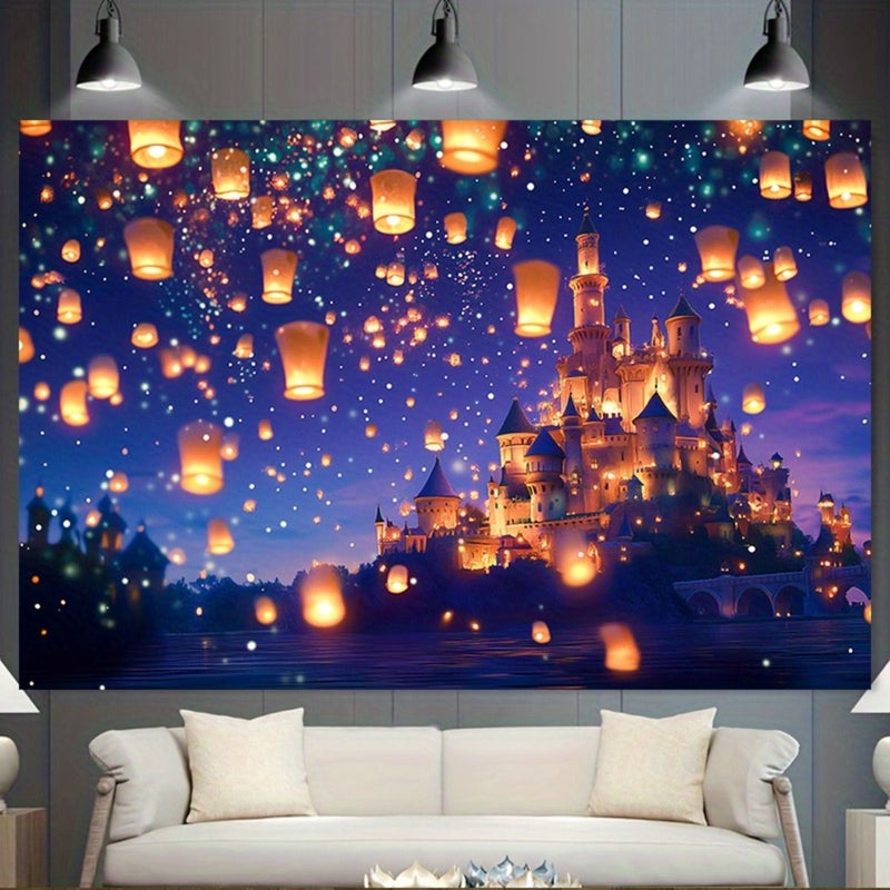 A 130X150cm Enchanted Night Castle Backdrop With Floating Lanterns Glowing Tale Princess Castle Birthday Party Decor Wedding Diwali New Year Magical Photo Background Durable - Image 2
