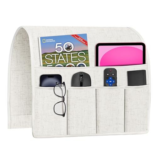 Joywell Couch Remote Holder Sofa Armrest Organizer Non Slip Arm Chair Caddie for Recliner with 6 Pocket Storage for Magazine, Tablet, Phone, iPad, Beige White - Image 1