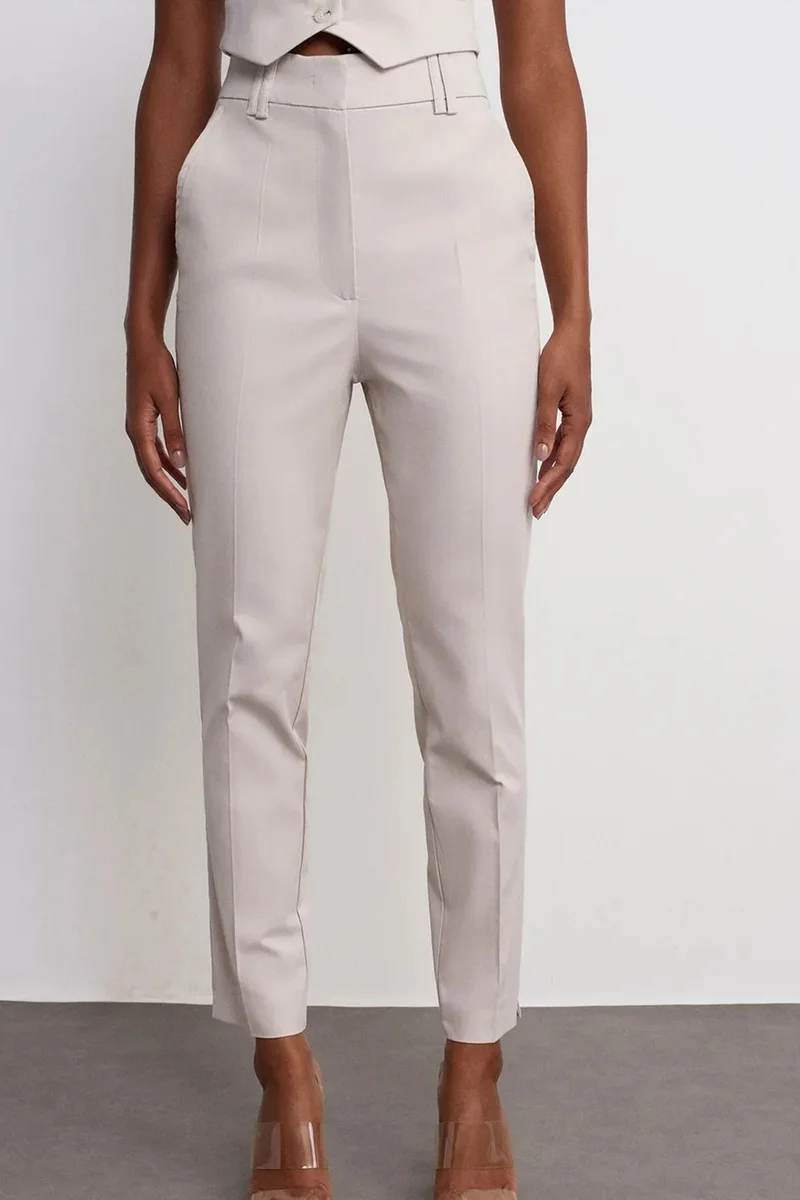 Dilvin Stone Natural DILVIN High-Waist Slim Fit Crepe Trousers for Women | Best Price UAE