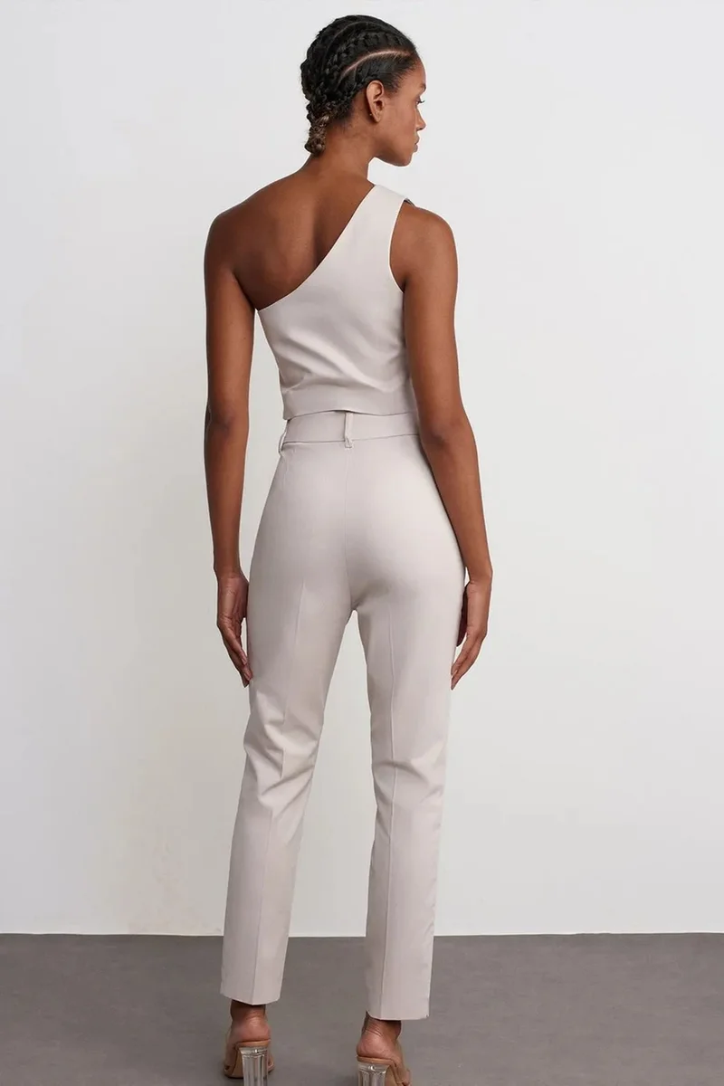 Dilvin Stone Natural DILVIN High-Waist Slim Fit Crepe Trousers for Women | Best Price UAE