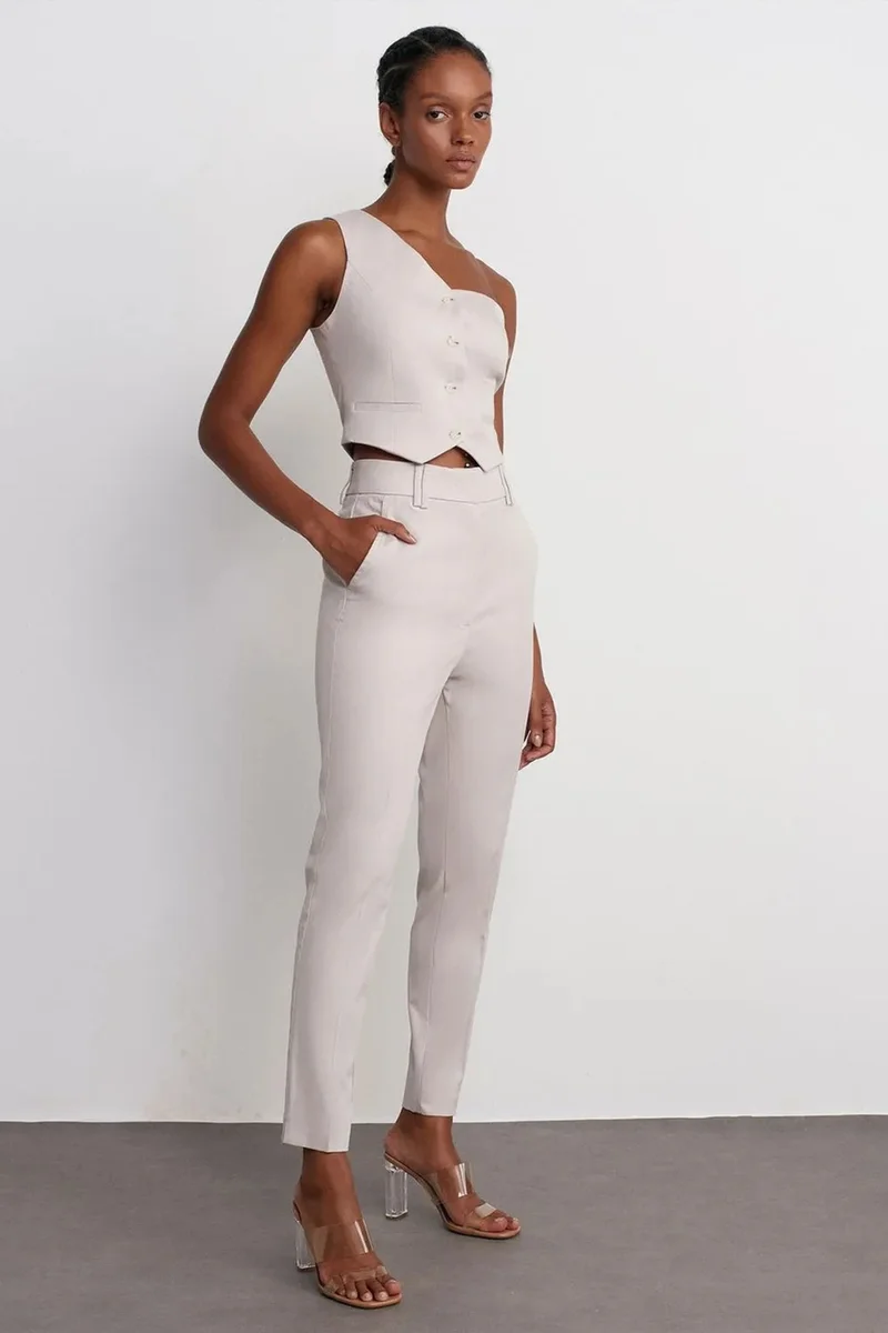 Dilvin Stone Natural DILVIN High-Waist Slim Fit Crepe Trousers for Women | Best Price UAE