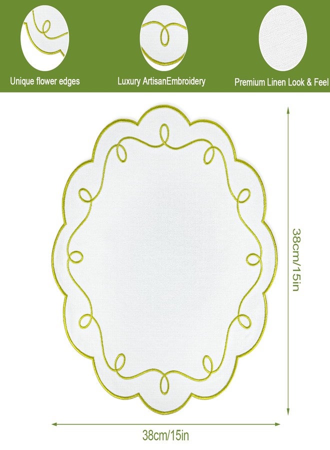 Stuffygreenus Set of 4 Sage Green Cotton Linen Placemats 15 Inch Embroidery Scalloped Placemats Decorative Flower Shape Table Mats for Wedding Baby Shower Banquet Party Holiday Holiday Kitchen Dining Table Decor - Image 2