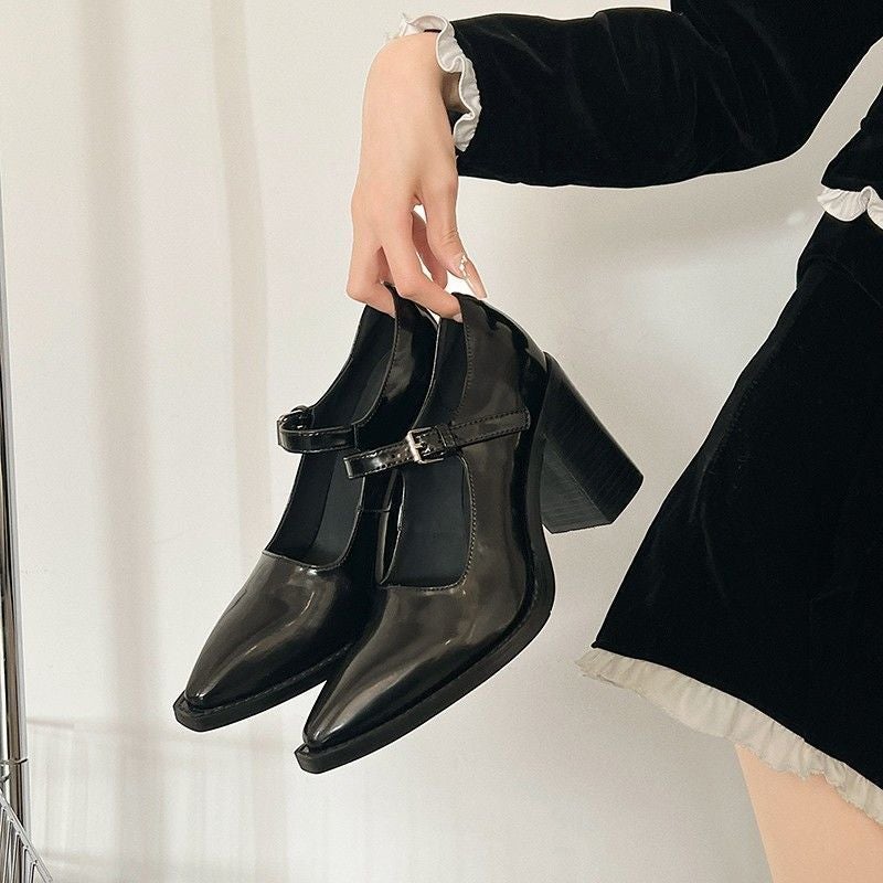 أحذية ز-شكل كعب عالي جلدية سوداء بأصابع مدببة أحذية زفاف فرنسية ريترو بكعب عريض ماري جانز - Image 3