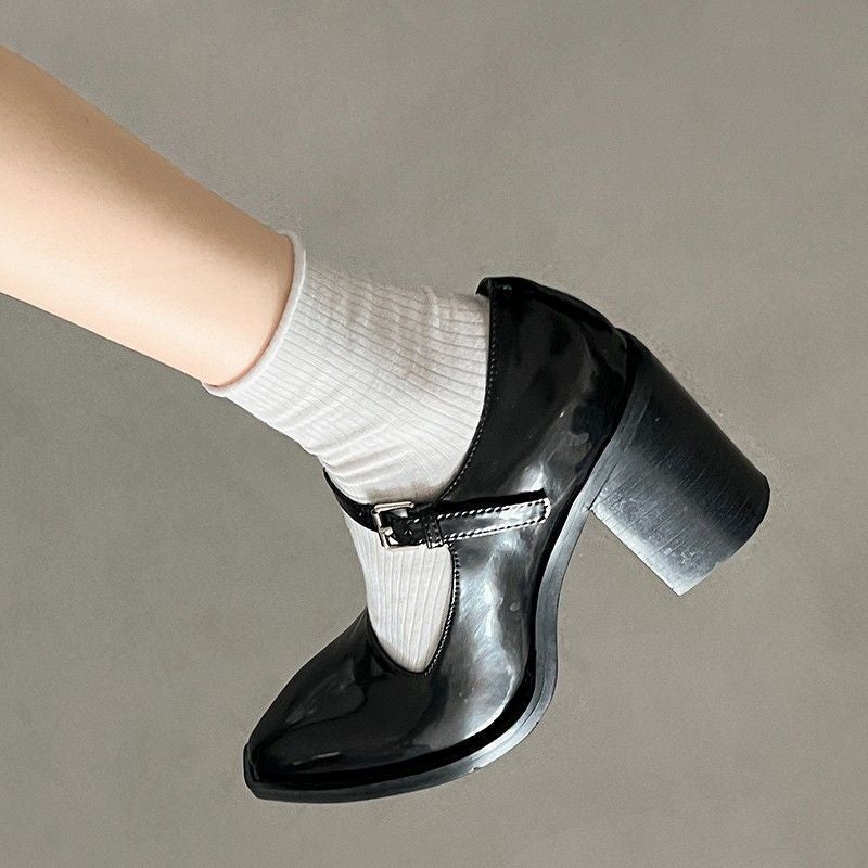 أحذية ز-شكل كعب عالي جلدية سوداء بأصابع مدببة أحذية زفاف فرنسية ريترو بكعب عريض ماري جانز - Image 5