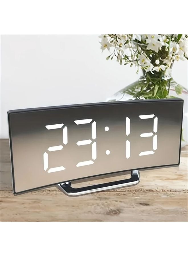 White Light LED Digital Alarm Clock Curved Mirror Screen Sleep Aid Bedside Timepiece - Image 2
