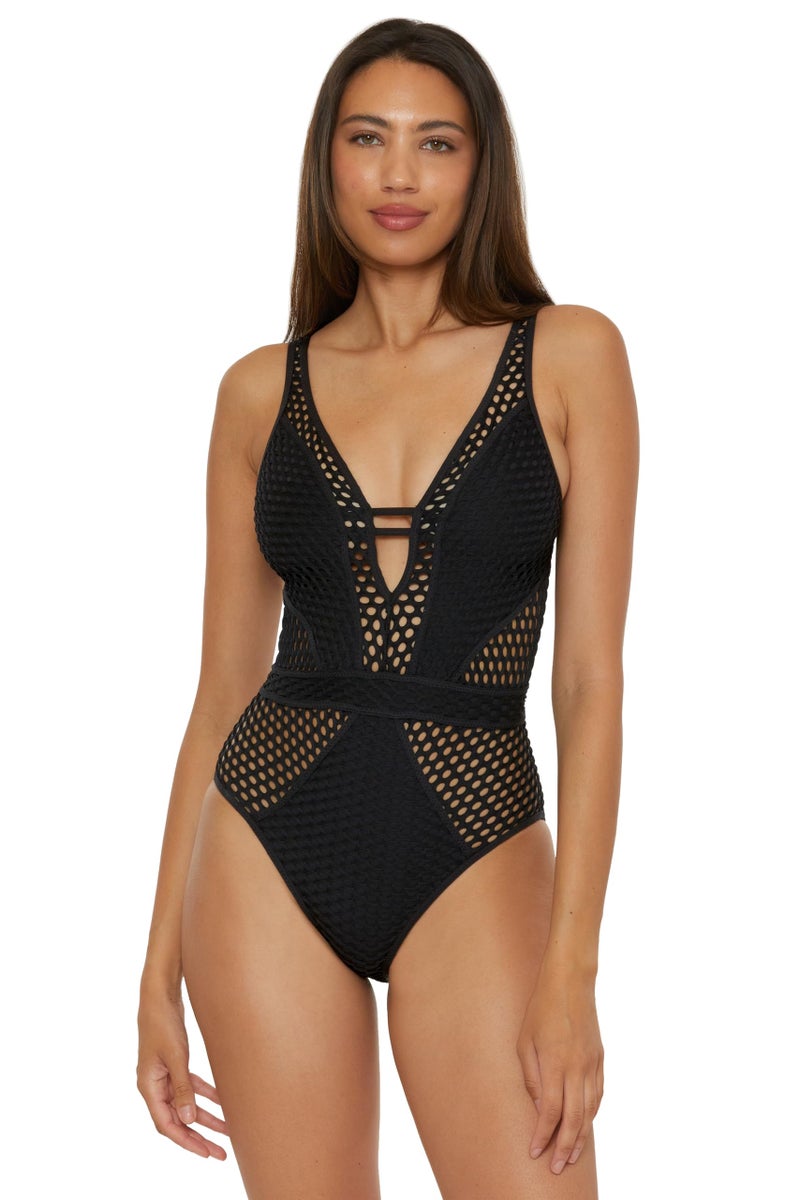 Becca Color Play - Women's One Piece Swimsuit, Plunge Neck, Crochet, Bathing Suits for Women, Black (C), Medium - Image 1