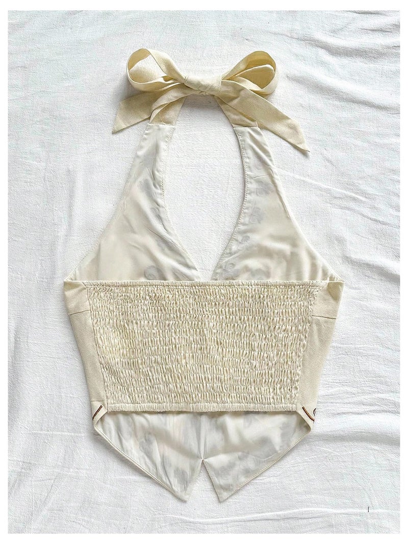 OYOANGLE Women's Floral Boho Summer Halter Crop Tops Embroidery Vacation Tank Top Tie Backless Vintage Going Out Tops Dark Khaki Large - Image 3
