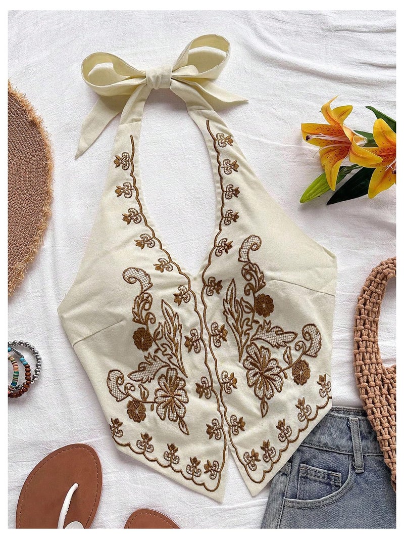 OYOANGLE Women's Floral Boho Summer Halter Crop Tops Embroidery Vacation Tank Top Tie Backless Vintage Going Out Tops Dark Khaki Large - Image 4