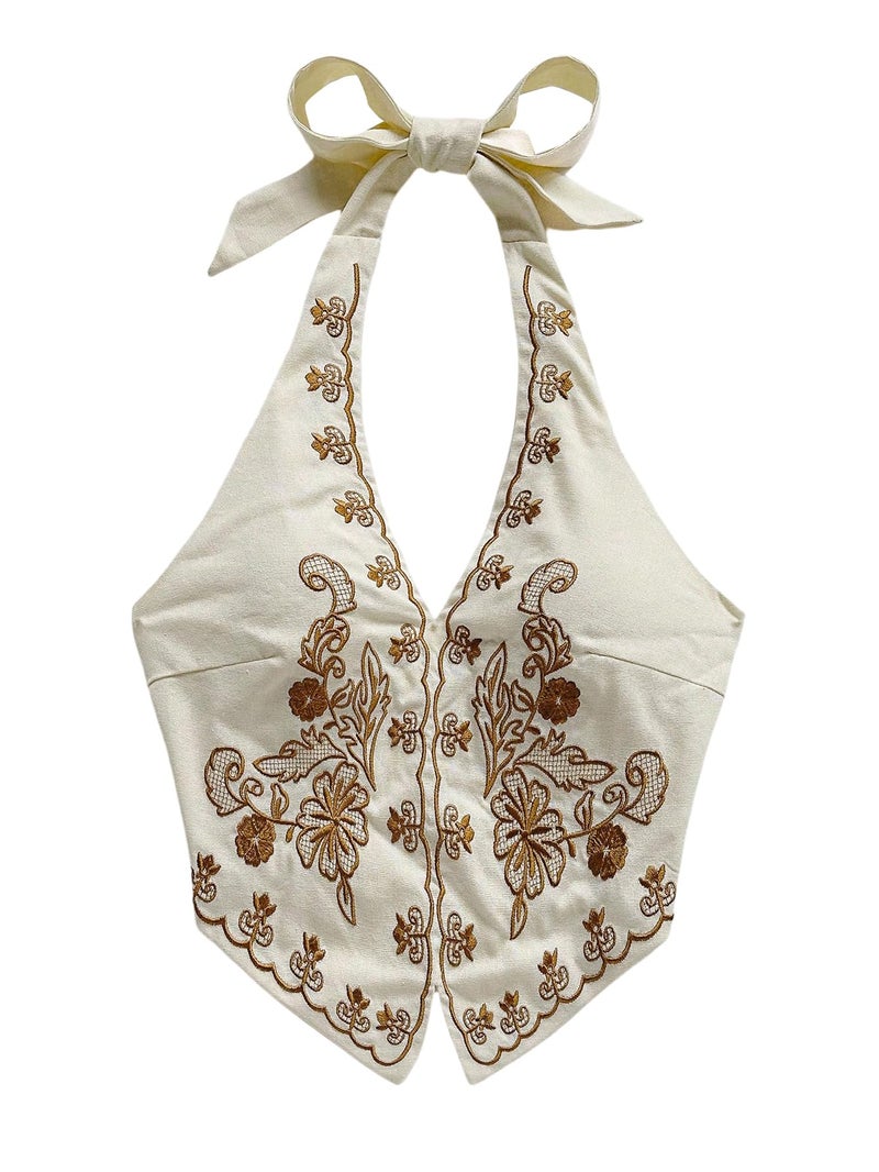 OYOANGLE Women's Floral Boho Summer Halter Crop Tops Embroidery Vacation Tank Top Tie Backless Vintage Going Out Tops Dark Khaki Large - Image 1