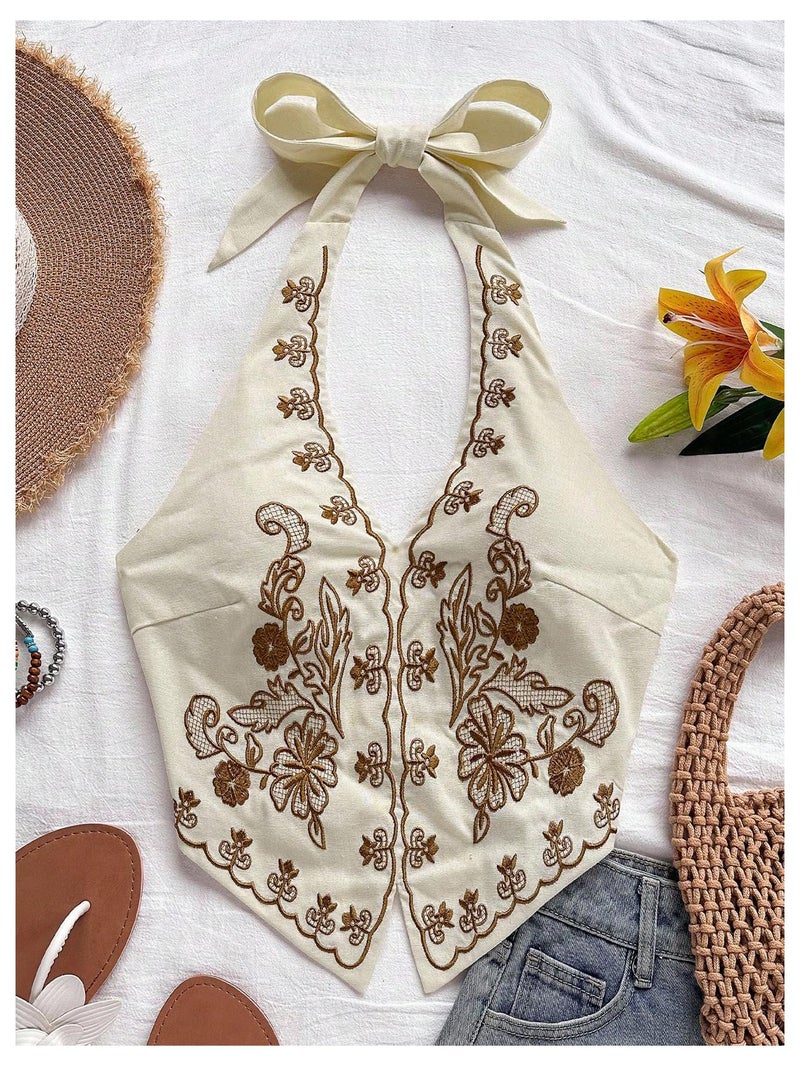 OYOANGLE Women's Floral Boho Summer Halter Crop Tops Embroidery Vacation Tank Top Tie Backless Vintage Going Out Tops Dark Khaki Large - Image 5