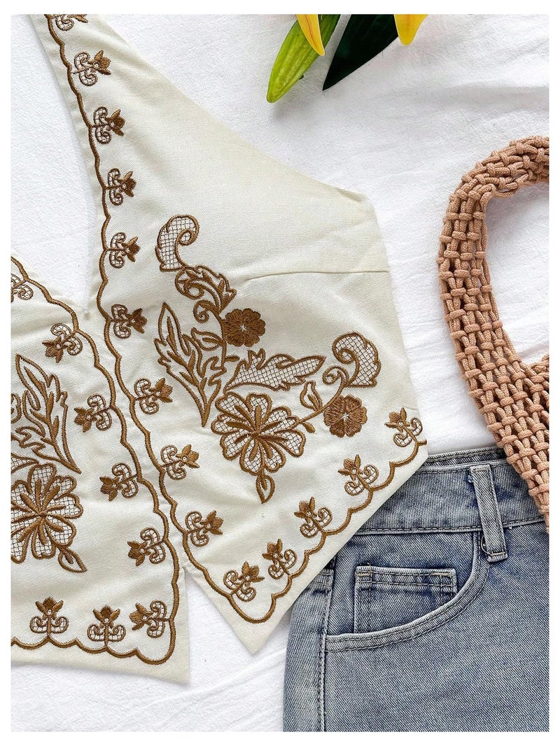 OYOANGLE Women's Floral Boho Summer Halter Crop Tops Embroidery Vacation Tank Top Tie Backless Vintage Going Out Tops Dark Khaki Large - Image 2