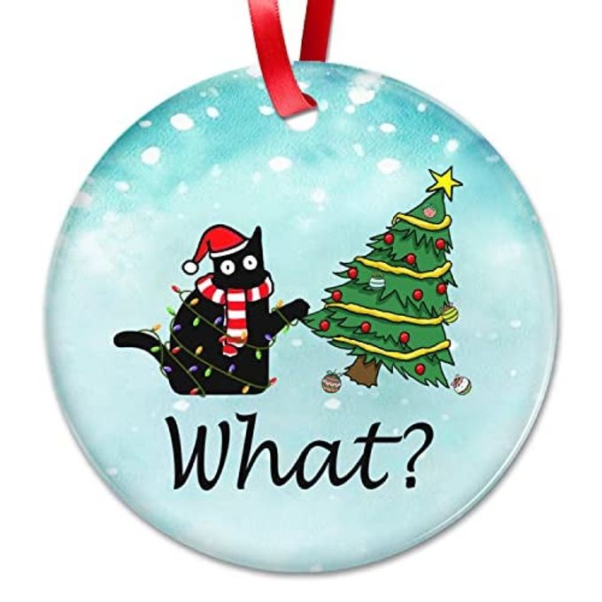 FUNNY BLACK CAT GIFTS FOR WOMEN MEN CERAMIC CHRISTMAS ORNAMENTS 2025 FOR TREE DECORATIONS CHRISTMAS CAT LOVER GIFTS FOR WOMEN ANIMAL LOVERS FUNNY ORNAMENTS WHITE ELEPHANT GIFT IDEAS