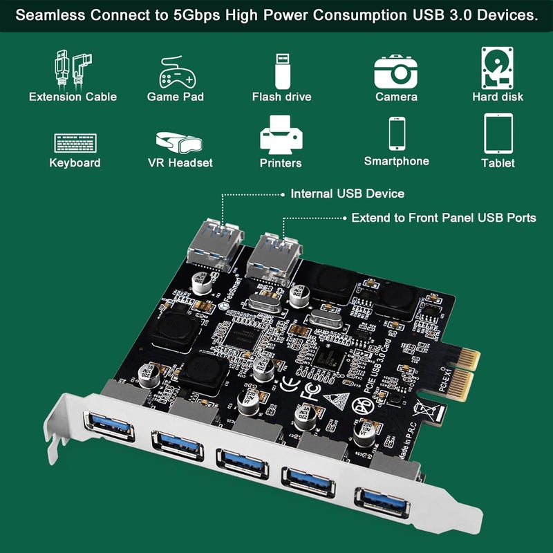 FebSmart 7-Ports Superspeed 5Gbps PCIE USB 3.0 Expansion Card for Windows 11, 10, 8.x, 7, Vista, XP Desktop PCs, Built in Self-Powered Technology, No Need Additional Power Supply (FS-U7-Pro) - Image 4
