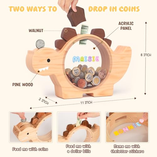 Summidate Wooden Dinosaur Piggy Bank for Kids Boys Cute Wood Dino Money Bank for Toddlers Creative Saving Coin Jar Personalized Present for Child Birthday Decor Natrul Wood Standard - Image 5