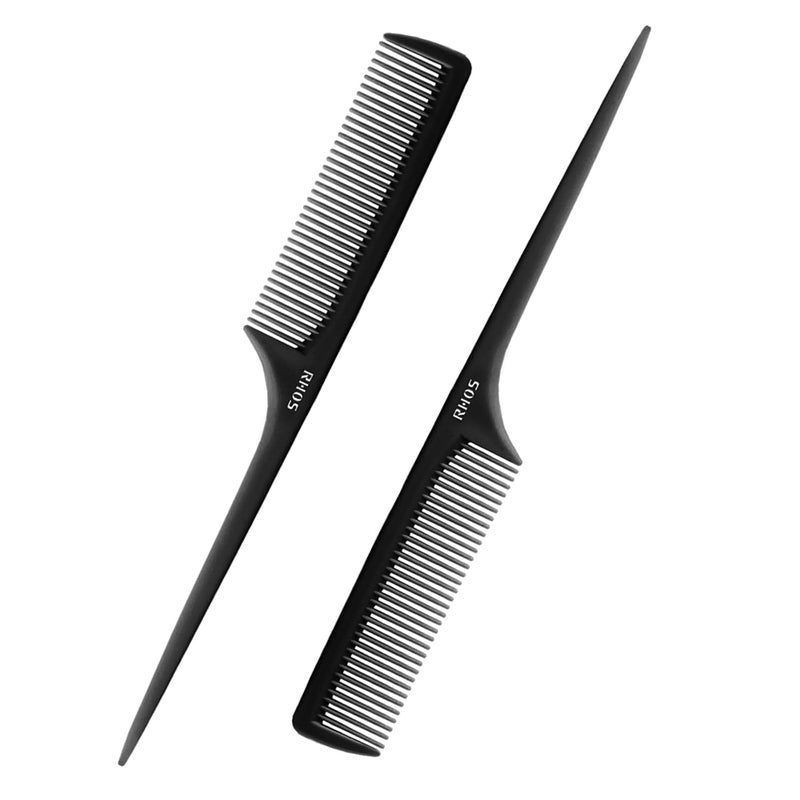 RHOS Rat Tail Combs for Parting Fine Tooth Teasing Comb with Pick 2 Pack Hair Styling Combs Set for Women and Men Black ABS Material