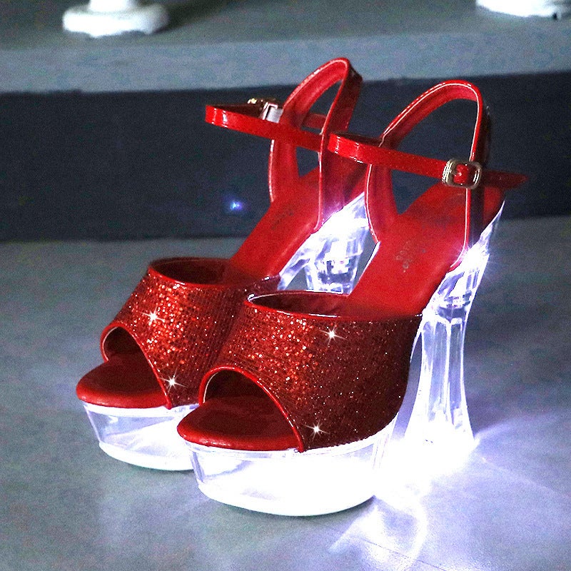 Patent Leather Fine Flash High Heel Crystal Chunky Heel Rhinestone Waterproof Platform Hate Sky High Super High Sandals Luminous - Image 5