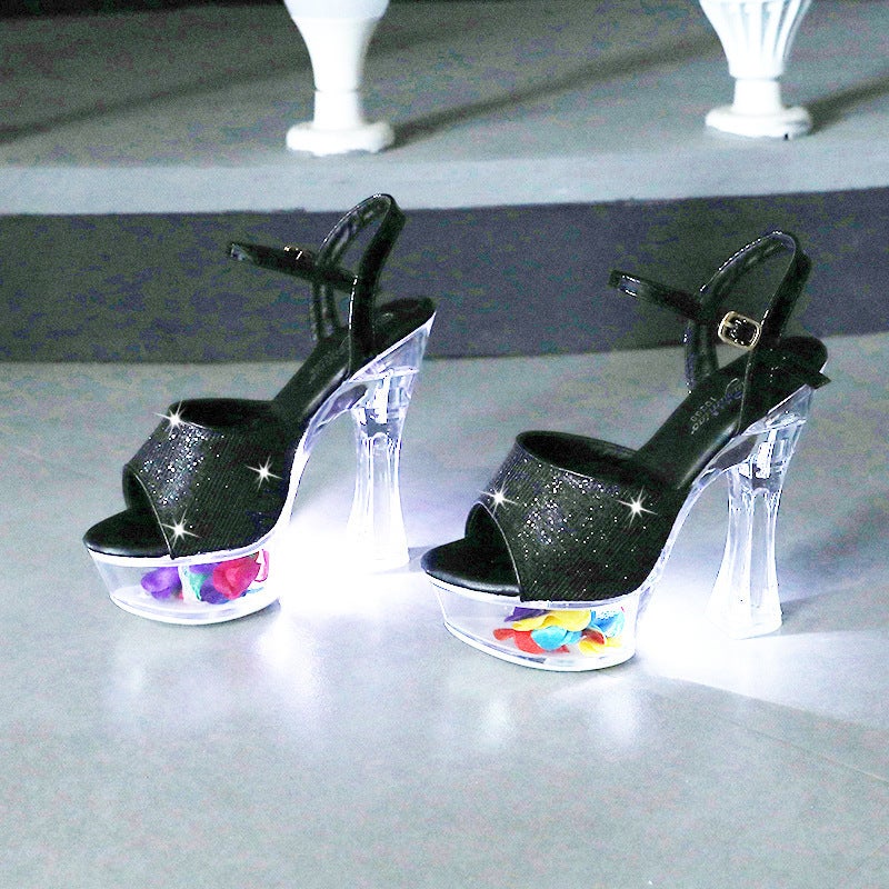 Patent Leather Fine Flash High Heel Crystal Chunky Heel Rhinestone Waterproof Platform Hate Sky High Super High Sandals Luminous - Image 3