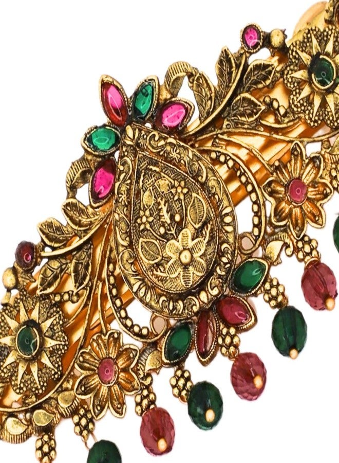 JWELLA Gold-Plated Antique Hair Clip with Pink & Green Stones & Drops Bridal & Festive Accessory (Design 3) - Image 5