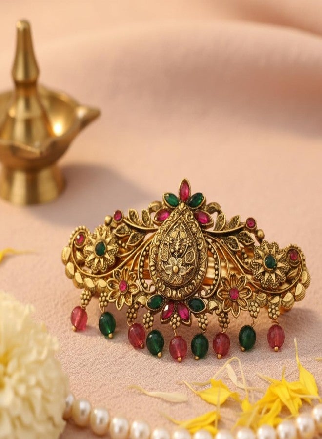 JWELLA Gold-Plated Antique Hair Clip with Pink & Green Stones & Drops Bridal & Festive Accessory (Design 3) - Image 3