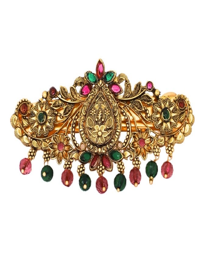 JWELLA Gold-Plated Antique Hair Clip with Pink & Green Stones & Drops Bridal & Festive Accessory (Design 3) - Image 2