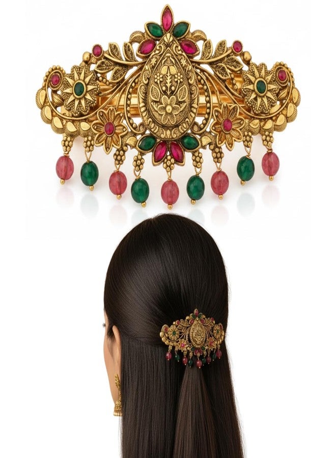 JWELLA Gold-Plated Antique Hair Clip with Pink & Green Stones & Drops Bridal & Festive Accessory (Design 3) - Image 1