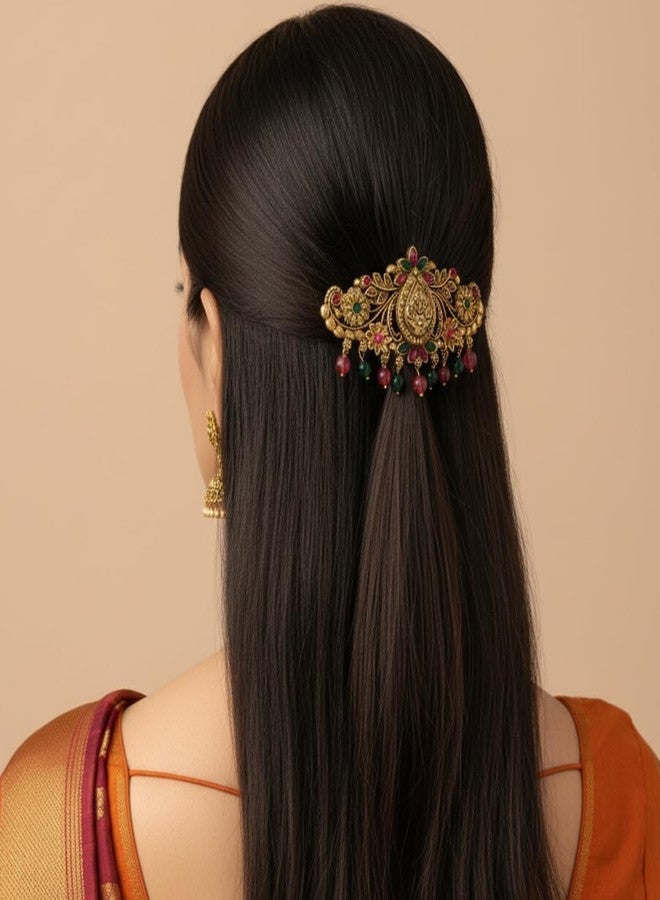 JWELLA Gold-Plated Antique Hair Clip with Pink & Green Stones & Drops Bridal & Festive Accessory (Design 3) - Image 4