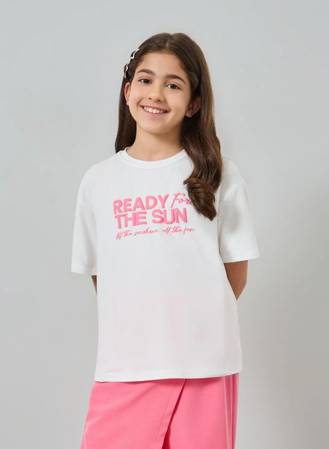 Styli Girls Slogan Print T-Shirt and Overlay Culottes Set