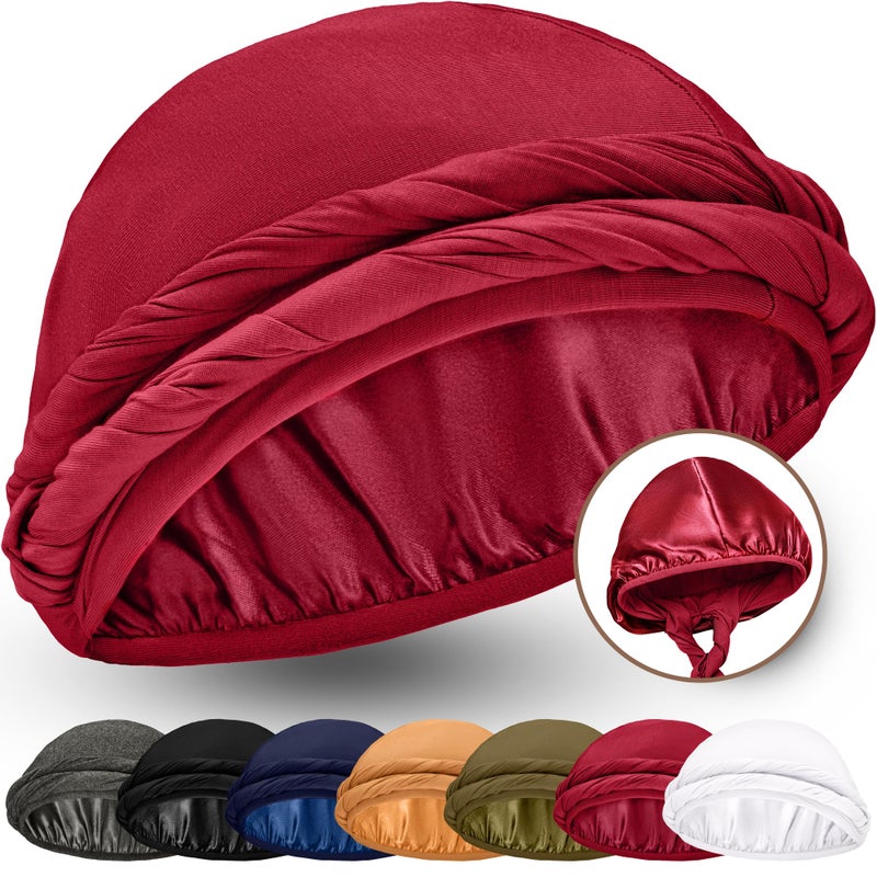 CAPLORD Silk Satin Lined Halo Turban Head Wrap Pre-Tied Skull Cap for Men and Women Sleeping Bonnet Hair Cover Chemo Hair Loss Hat Red - Image 1