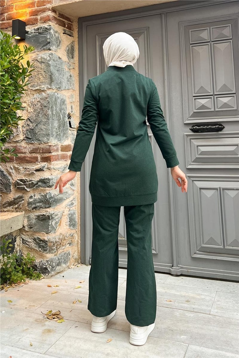 Sevda Zippered Long Plain Basic Coat Tracksuit Sportswear Set - 3044 - Nefti - Image 2
