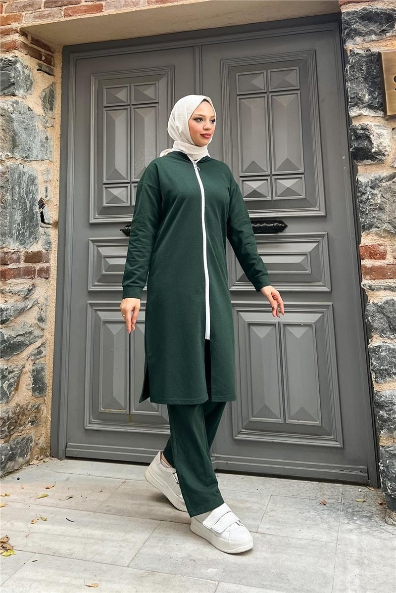 Sevda Zippered Long Plain Basic Coat Tracksuit Sportswear Set - 3044 - Nefti - Image 3