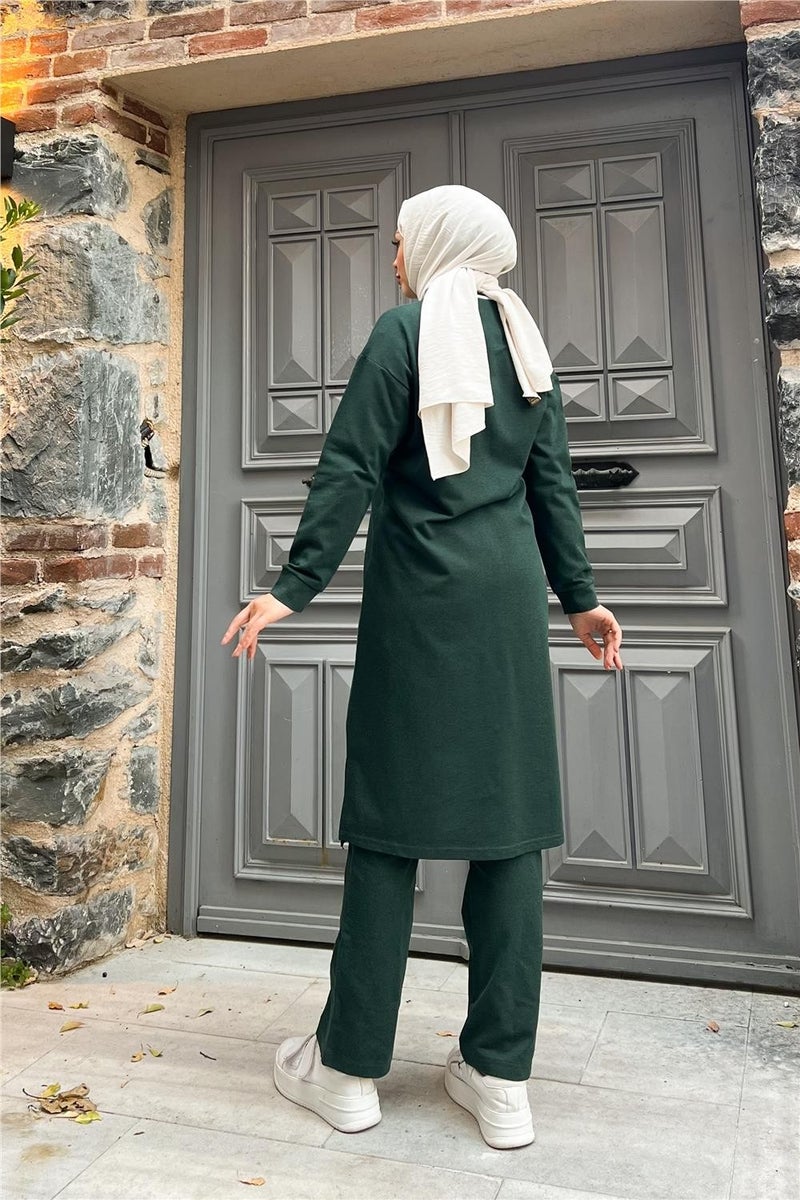 Sevda Zippered Long Plain Basic Coat Tracksuit Sportswear Set - 3044 - Nefti - Image 4