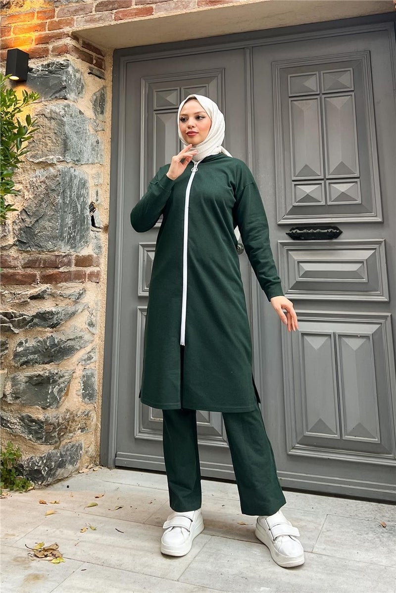 Sevda Zippered Long Plain Basic Coat Tracksuit Sportswear Set - 3044 - Nefti - Image 5
