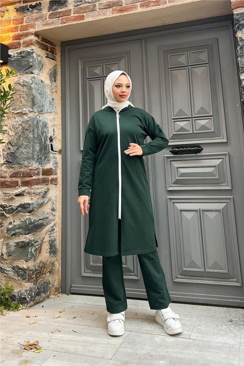 Sevda Zippered Long Plain Basic Coat Tracksuit Sportswear Set - 3044 - Nefti - Image 1
