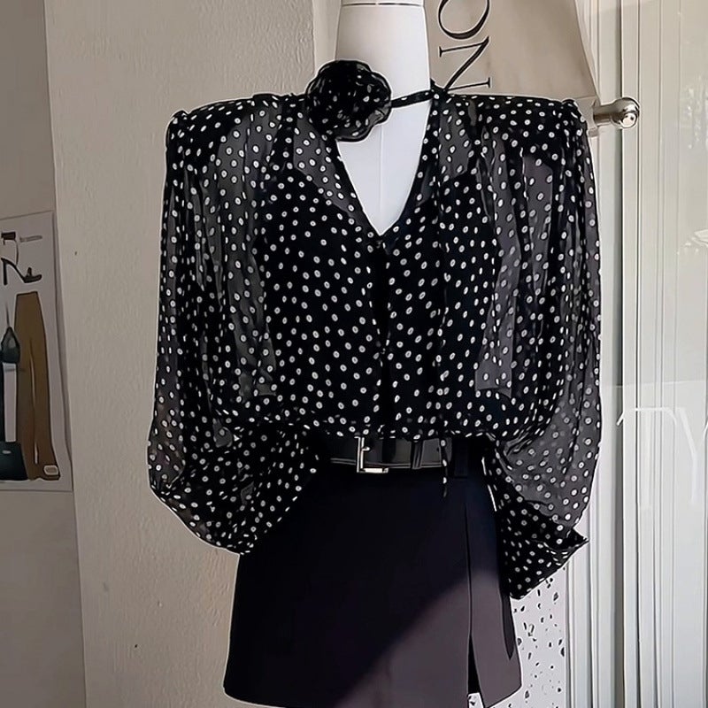 Design Sense Niche Three-Dimensional Flower Wave Dot V-Neck Shirt 2024 Spring New Women'S French Chic Micro-Transparent Top - Image 1