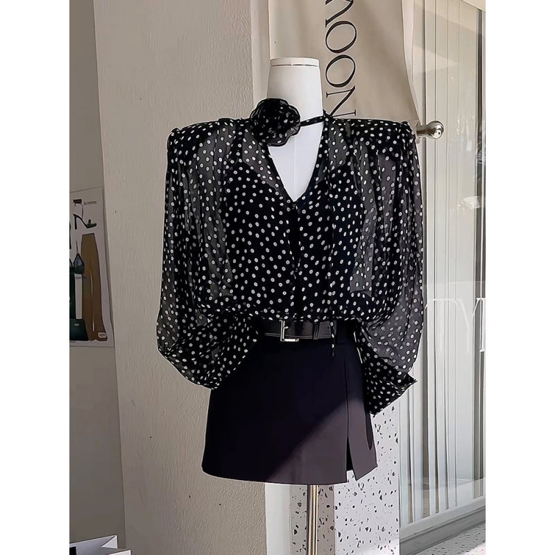 Design Sense Niche Three-Dimensional Flower Wave Dot V-Neck Shirt 2024 Spring New Women'S French Chic Micro-Transparent Top - Image 2