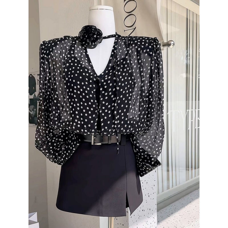 Design Sense Niche Three-Dimensional Flower Wave Dot V-Neck Shirt 2024 Spring New Women'S French Chic Micro-Transparent Top - Image 5
