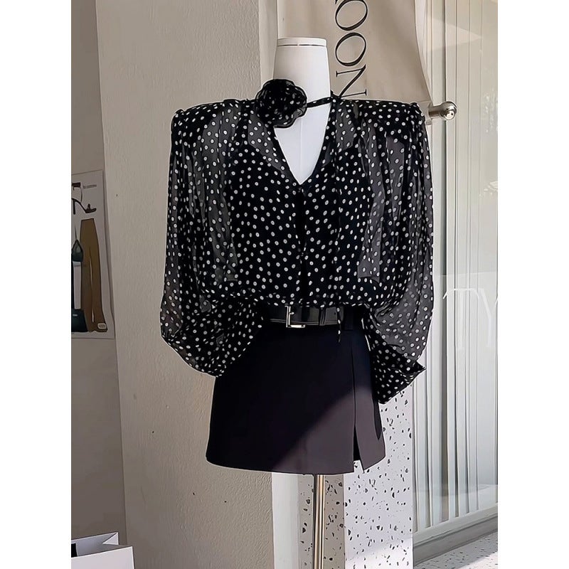 Design Sense Niche Three-Dimensional Flower Wave Dot V-Neck Shirt 2024 Spring New Women'S French Chic Micro-Transparent Top - Image 3