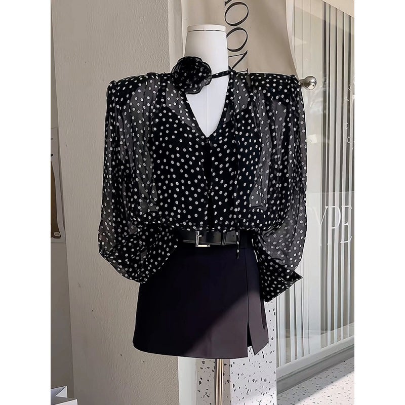 Design Sense Niche Three-Dimensional Flower Wave Dot V-Neck Shirt 2024 Spring New Women'S French Chic Micro-Transparent Top - Image 4