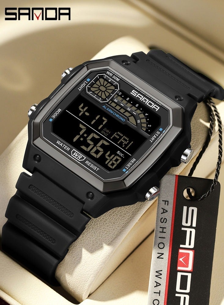 SANDA 6196 Men Electronic Watches Round Square Fashion Luminous Stainless Steel Strap Arabic Tidal Worship Male Wrist Watch - Image 2